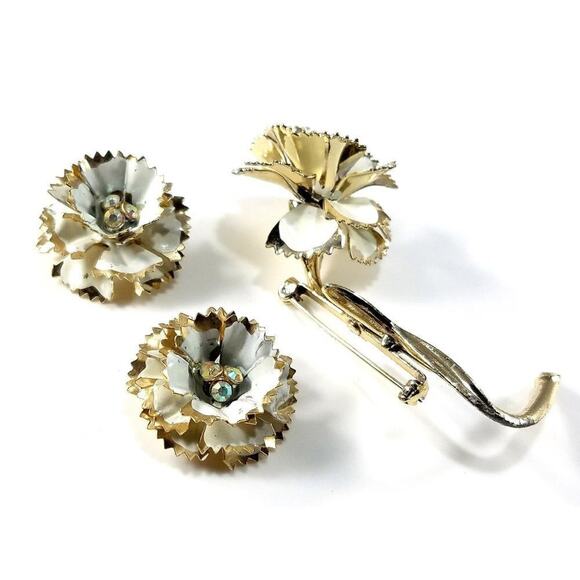 Vintage White Enamel Flower Brooch & Clip Earrings Set Gold Tone AB Rhinestones - Picture 3 of 10